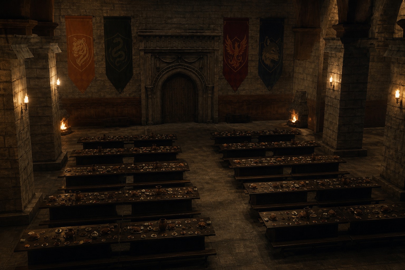 La grande salle et les bannières des quatre maisons